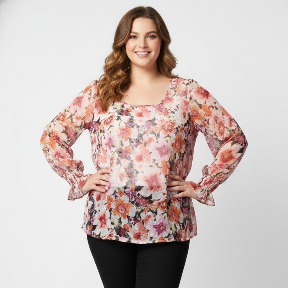 Stem & Vine Blouse Pink Floral Boho Cottage Whimsical Sheer Shimmery 3X
